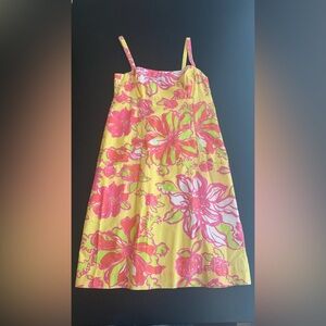 Lilly Pulitzer Yellow Pink Floral Midi Dress Pockets Spaghetti Strap Style EUC